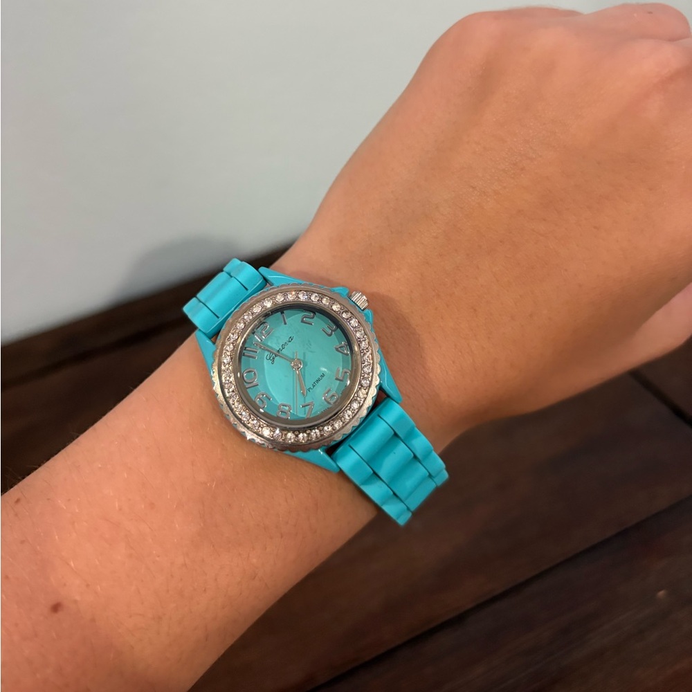 Geneva Platinum Turquoise Watch with Sparkling Bezel